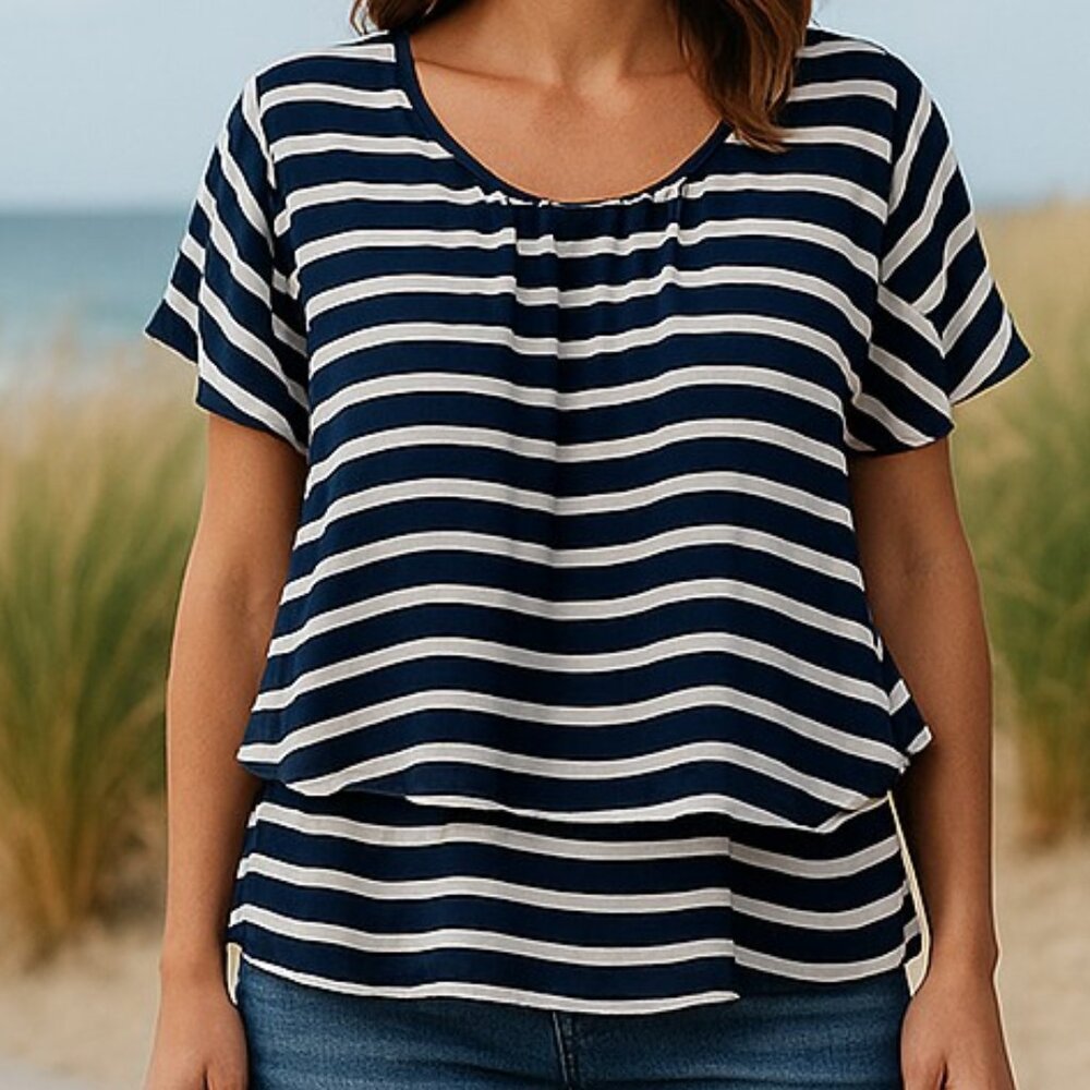 Style & Co Woman 1X Navy White Striped Layered Blouse Flutter Sleeve Chiffon Ove